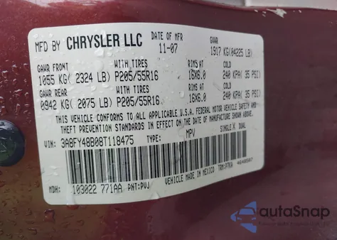 2008 Chrysler Pt Cruiser Lx z USA, uszkodzony, nr VIN 3A8FY48B08T118475